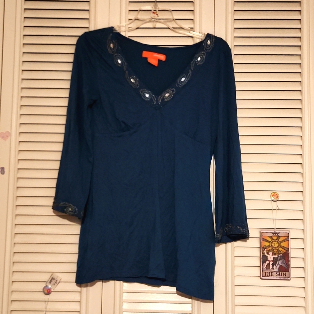 Choice by Calvin Klein Teal Beaded Tunic Blouse